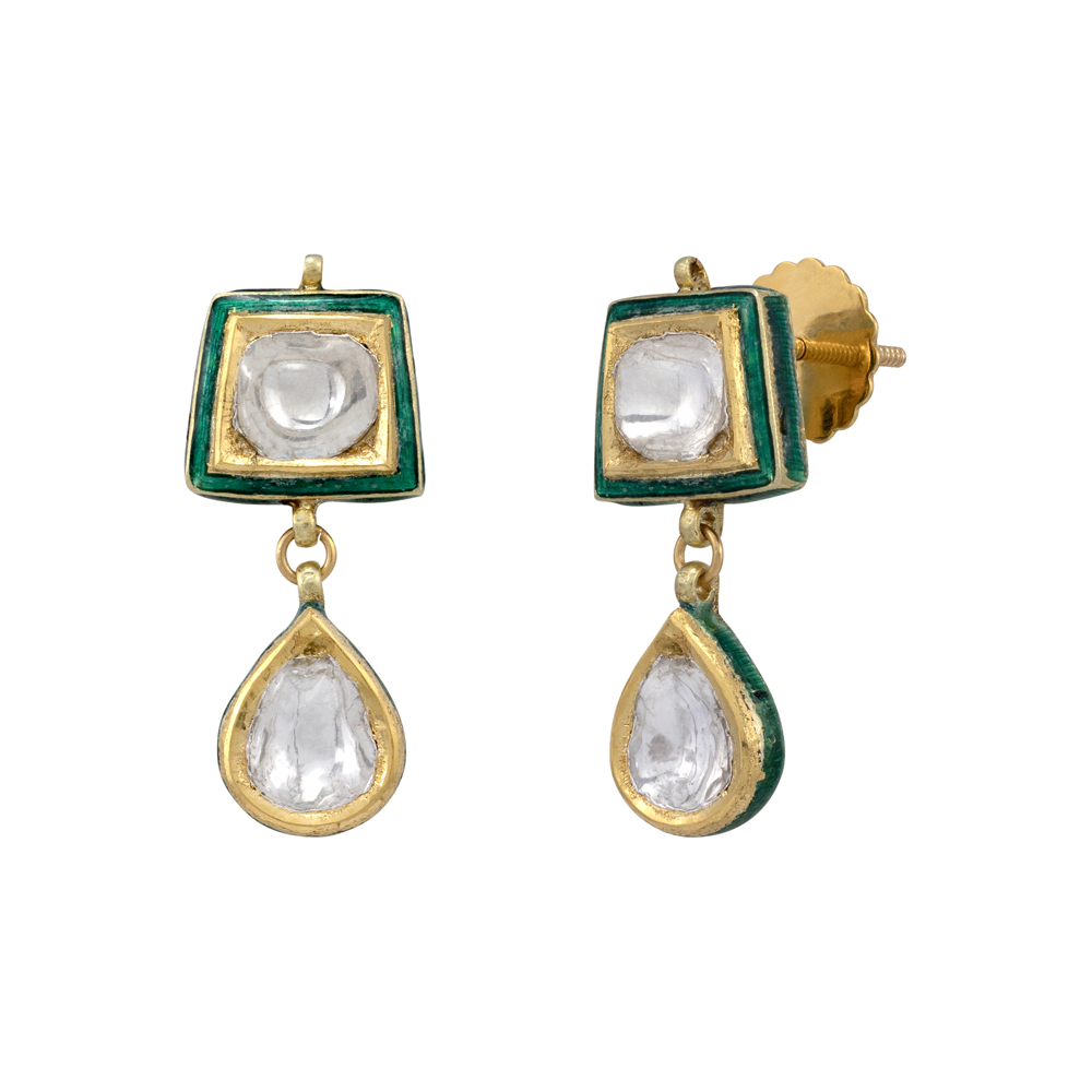 Green Meenakari Earrings with Polki and Pear-Shaped Drop